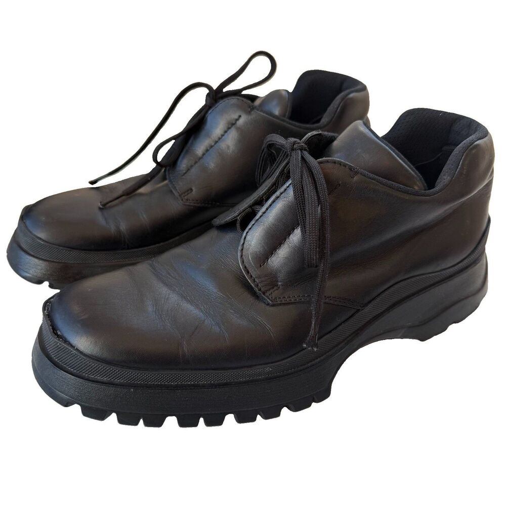 Prada Brixxen Mid Top Derby Shoes Size 9.5 Black Leather Lace Up Chunky